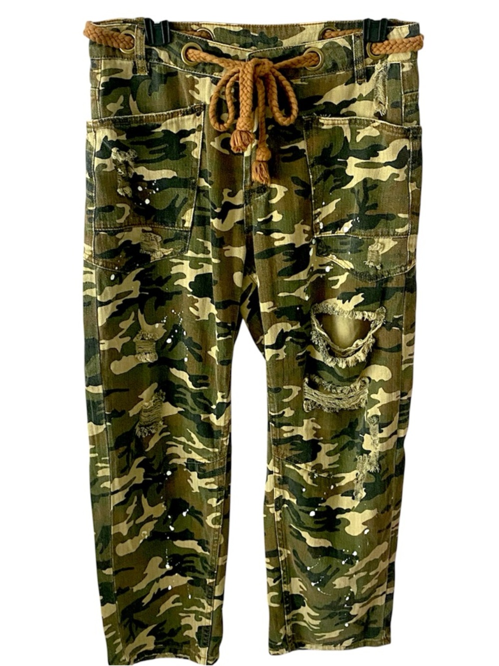 Y2K Camo Distressed Camo Cargo Pants with Rope Drawstring Cropped Grunge Utility